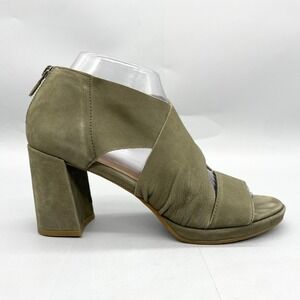 Eileen Fisher Womens 8 Olive Green Leather Crisscross Block Heel Peep Toe Bootie